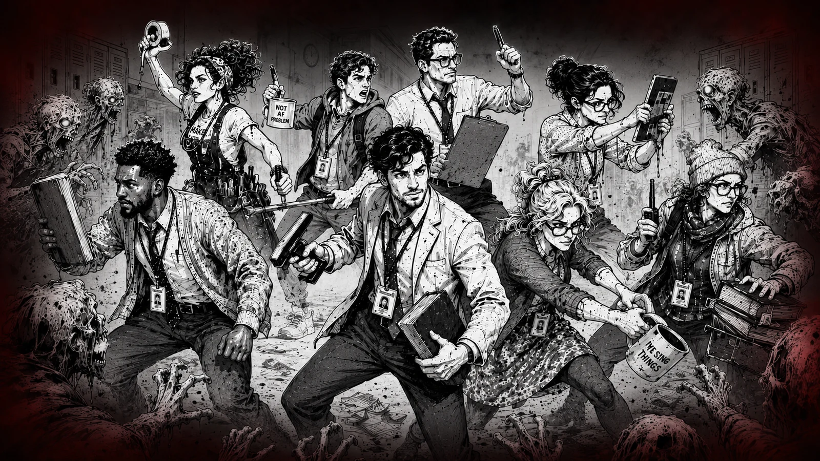 Teachers and staff fighting zombies on a school campus