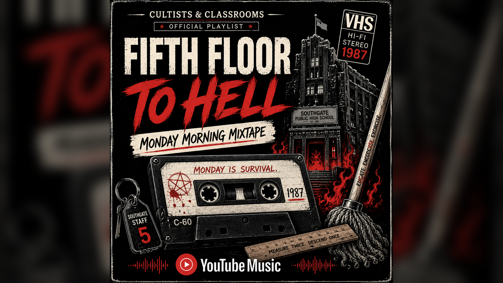 Fifth Floor to Hell Monday Morning Mixtape banner featuring Southgate Public High School, a cassette, staff keys, and school supplies